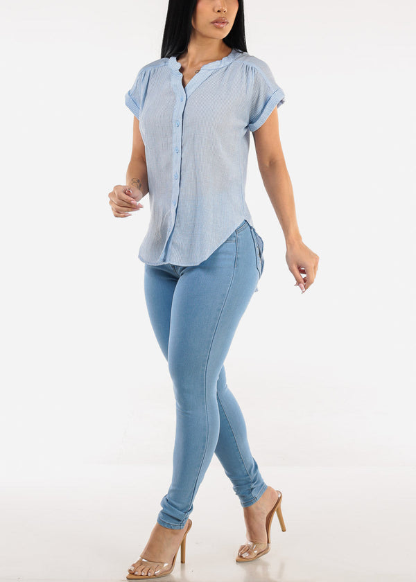 Short Sleeve Vneck High Low Stripe Blouse Light Blue