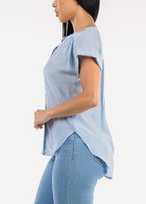 Short Sleeve Vneck High Low Stripe Blouse Light Blue