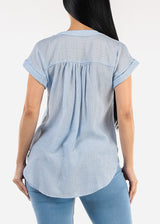 Short Sleeve Vneck High Low Stripe Blouse Light Blue