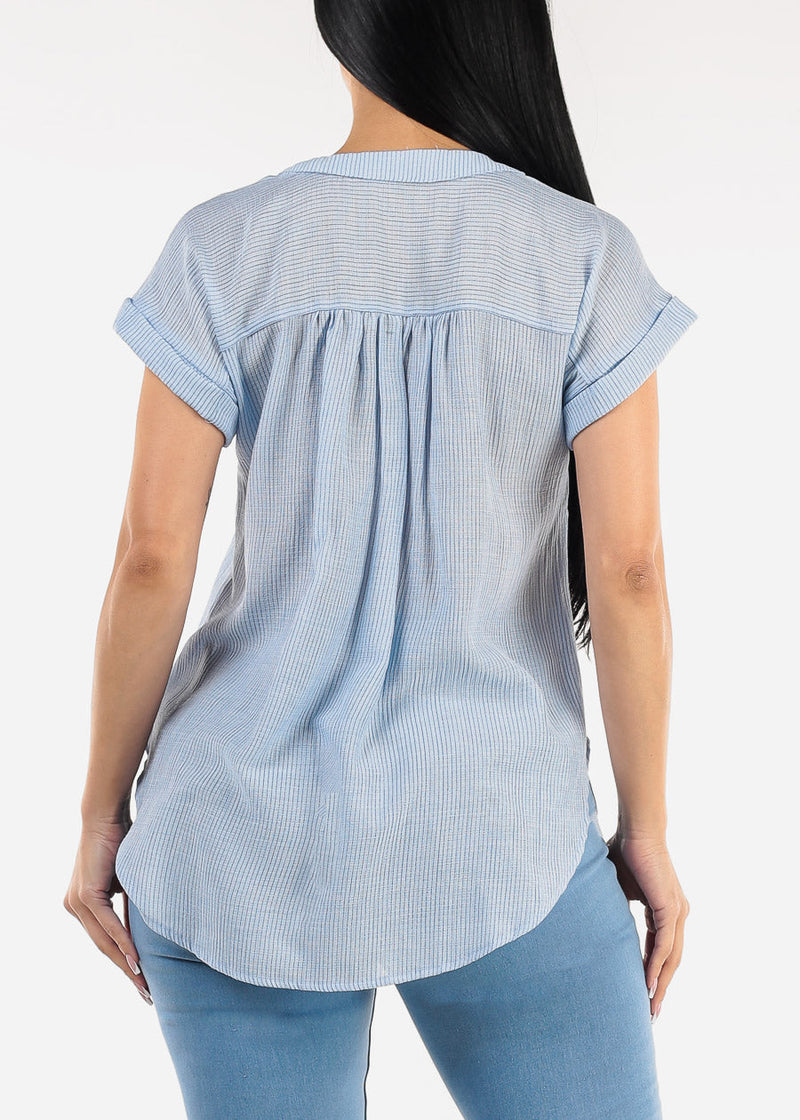 Short Sleeve Vneck High Low Stripe Blouse Light Blue