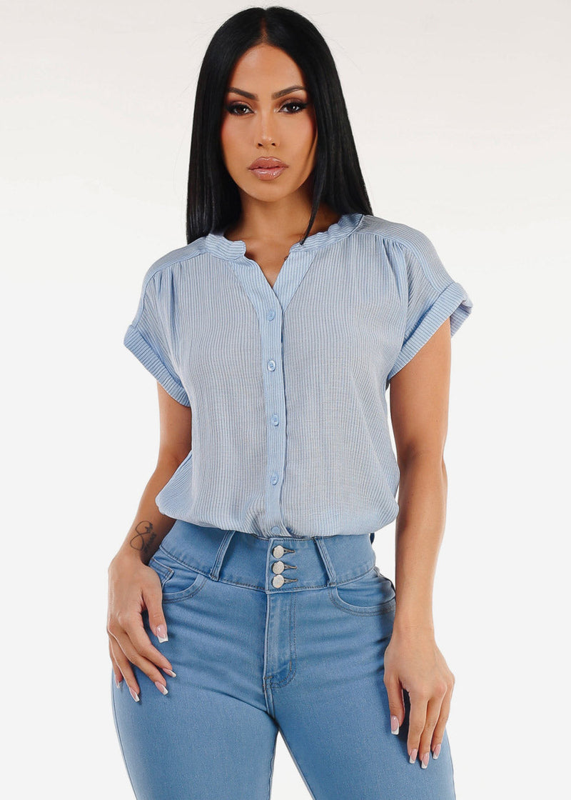 Short Sleeve Vneck High Low Stripe Blouse Light Blue