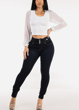 Mesh Long Sleeve Seamless Crop Top White