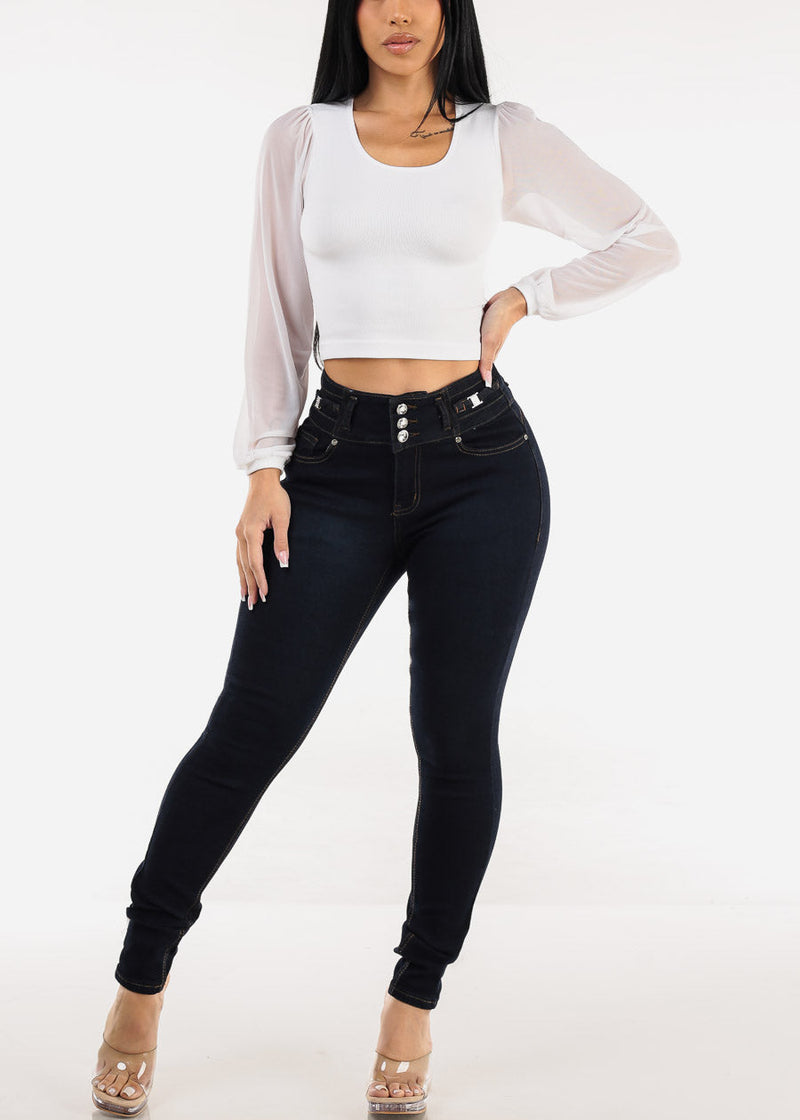Mesh Long Sleeve Seamless Crop Top White