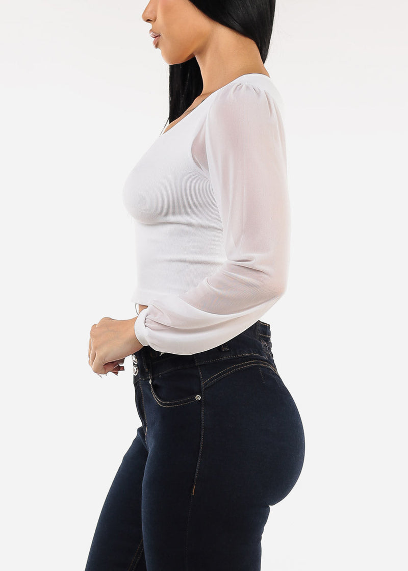 Mesh Long Sleeve Seamless Crop Top White