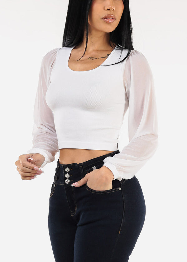 Mesh Long Sleeve Seamless Crop Top White