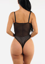 Black Sleeveless Floral Mesh Sheer Thong Bodysuit