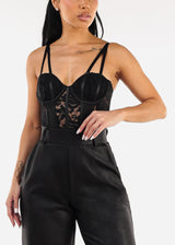 Black Sleeveless Floral Mesh Sheer Thong Bodysuit