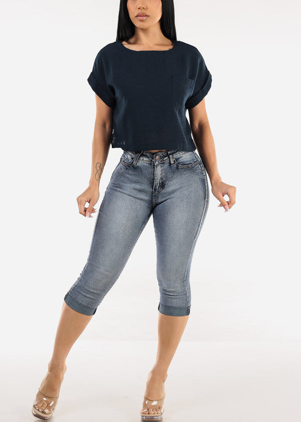 Short Dolman Sleeve Round Neck Linen Crop Top Navy