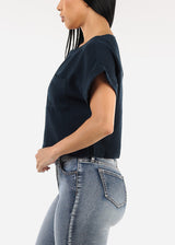 Short Dolman Sleeve Round Neck Linen Crop Top Navy