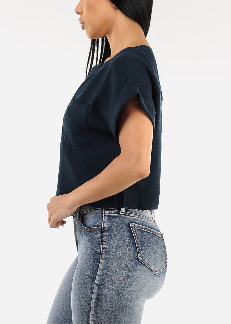 Short Dolman Sleeve Round Neck Linen Crop Top Navy
