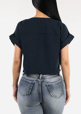 Short Dolman Sleeve Round Neck Linen Crop Top Navy