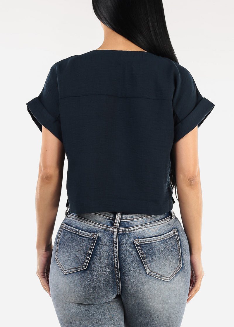 Short Dolman Sleeve Round Neck Linen Crop Top Navy