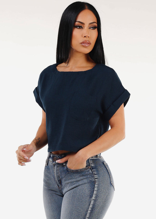Short Dolman Sleeve Round Neck Linen Crop Top Navy