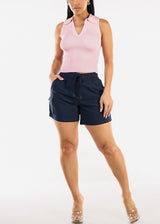 Sleeveless Collared Knit Crop Top Light Pink