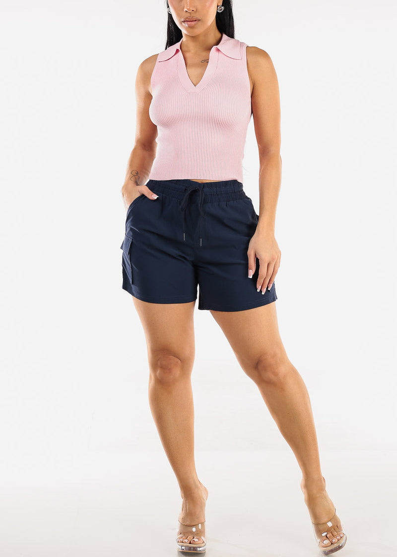 Sleeveless Collared Knit Crop Top Light Pink
