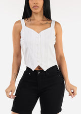 Sleeveless  Button Up Stripe Vest Top White