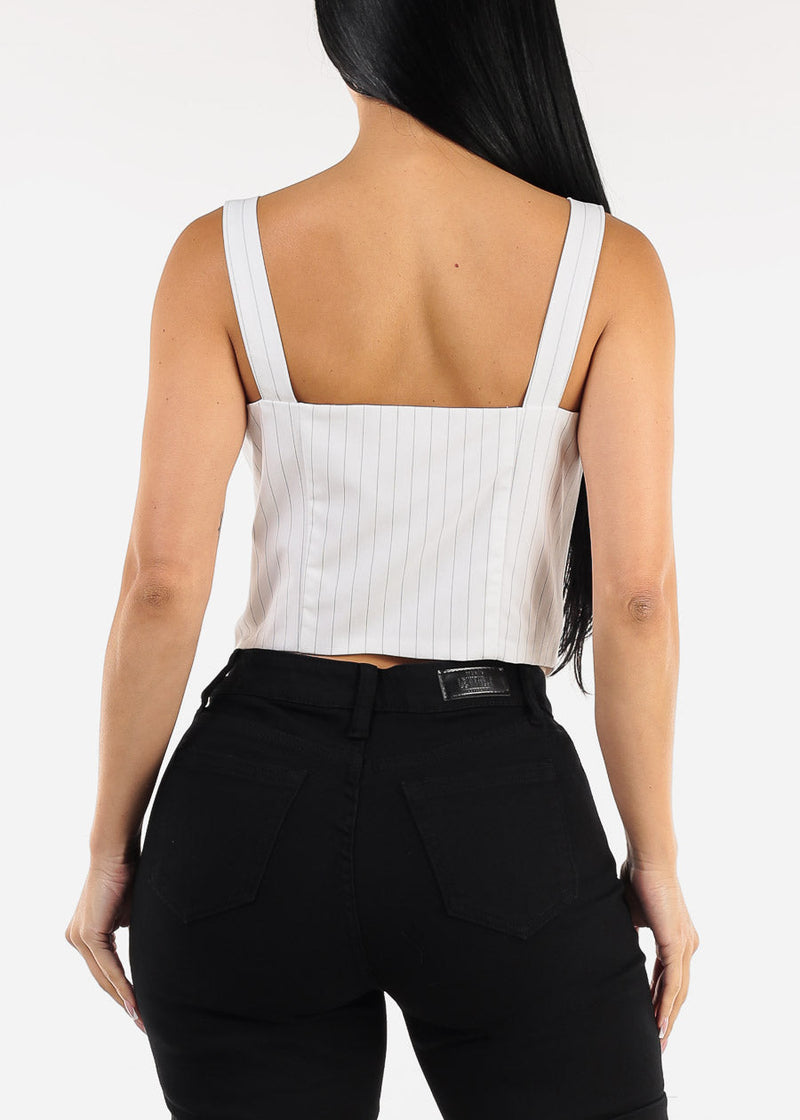 Sleeveless  Button Up Stripe Vest Top White