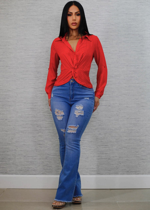 Long Sleeve Twist Front Polka Dot Chiffon Blouse Red
