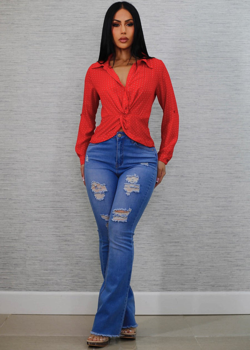 Long Sleeve Twist Front Polka Dot Chiffon Blouse Red
