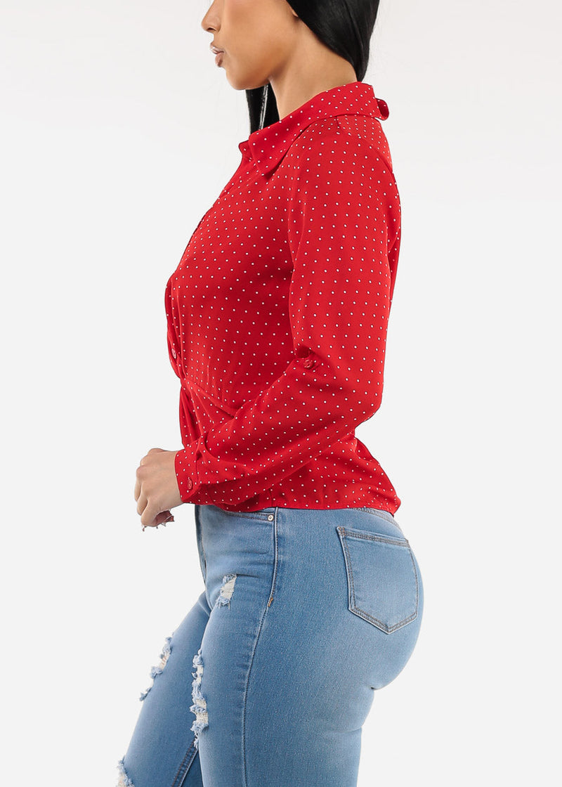 Long Sleeve Twist Front Polka Dot Chiffon Blouse Red