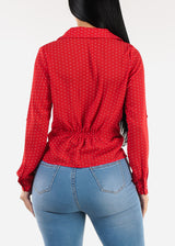 Long Sleeve Twist Front Polka Dot Chiffon Blouse Red