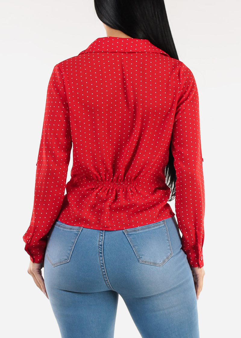 Long Sleeve Twist Front Polka Dot Chiffon Blouse Red