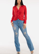 Long Sleeve Twist Front Polka Dot Chiffon Blouse Red