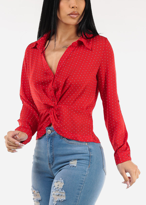 Long Sleeve Twist Front Polka Dot Chiffon Blouse Red