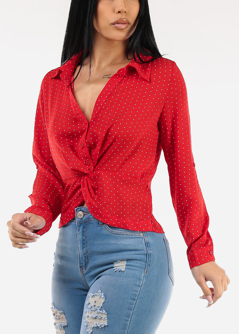 Long Sleeve Twist Front Polka Dot Chiffon Blouse Red