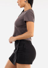 Short Sleeve Crewneck Graphic Crop Top Charcoal "Hearts"