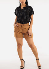 Short Sleeve Button Down Printed Collared Blouse Black