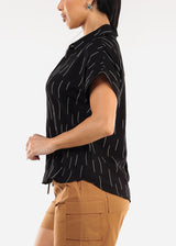 Short Sleeve Button Down Printed Collared Blouse Black
