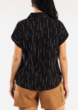 Short Sleeve Button Down Printed Collared Blouse Black