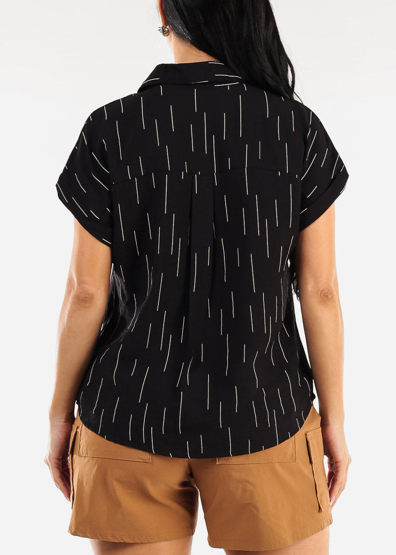 Short Sleeve Button Down Printed Collared Blouse Black