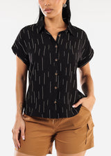 Short Sleeve Button Down Printed Collared Blouse Black