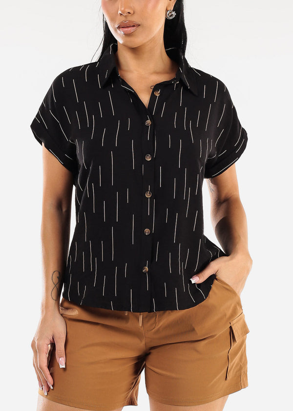 Short Sleeve Button Down Printed Collared Blouse Black