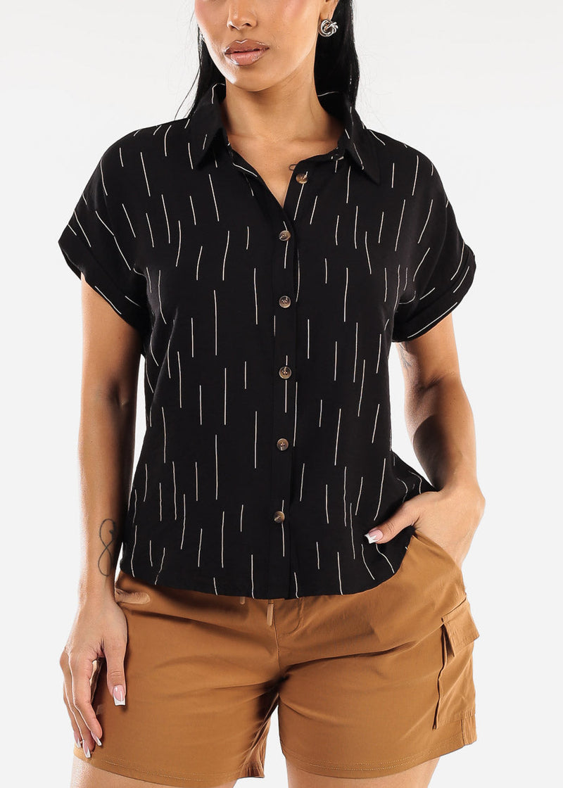 Short Sleeve Button Down Printed Collared Blouse Black