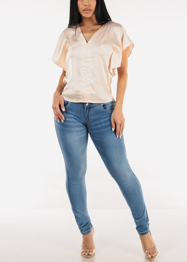 Satin Vneck Short Sleeve Blouse Nude