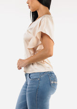 Satin Vneck Short Sleeve Blouse Nude