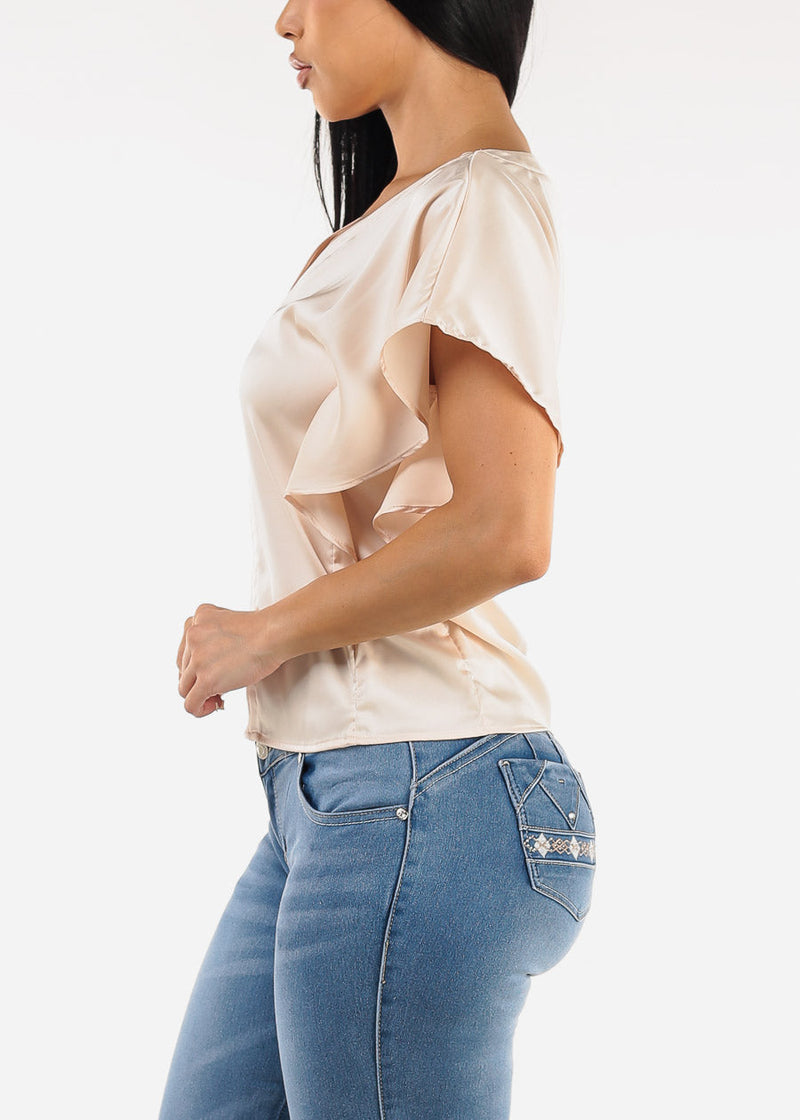 Satin Vneck Short Sleeve Blouse Nude