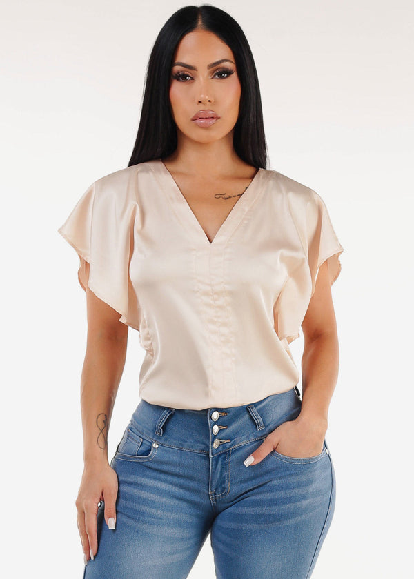 Satin Vneck Short Sleeve Blouse Nude
