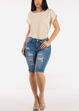 Cuffed Short Sleeve Poly Linen Blouse Beige
