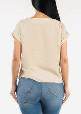 Cuffed Short Sleeve Poly Linen Blouse Beige