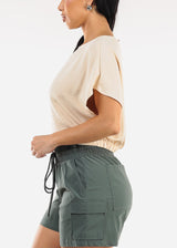 Short Dolman Sleeve Round Neckline Blouse Beige
