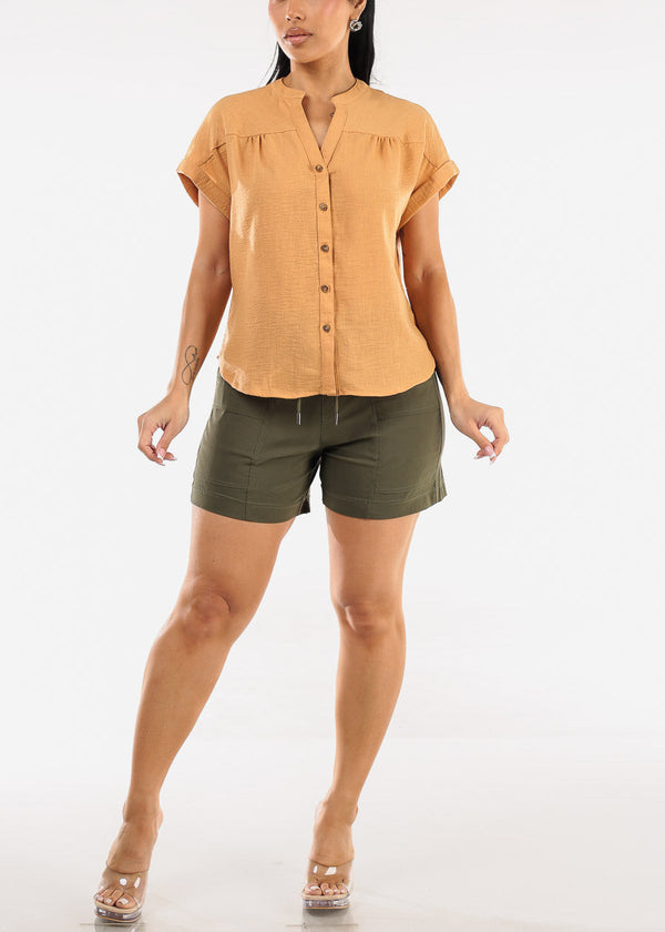 Short Sleeve Button Up Linen Blouse Ginger