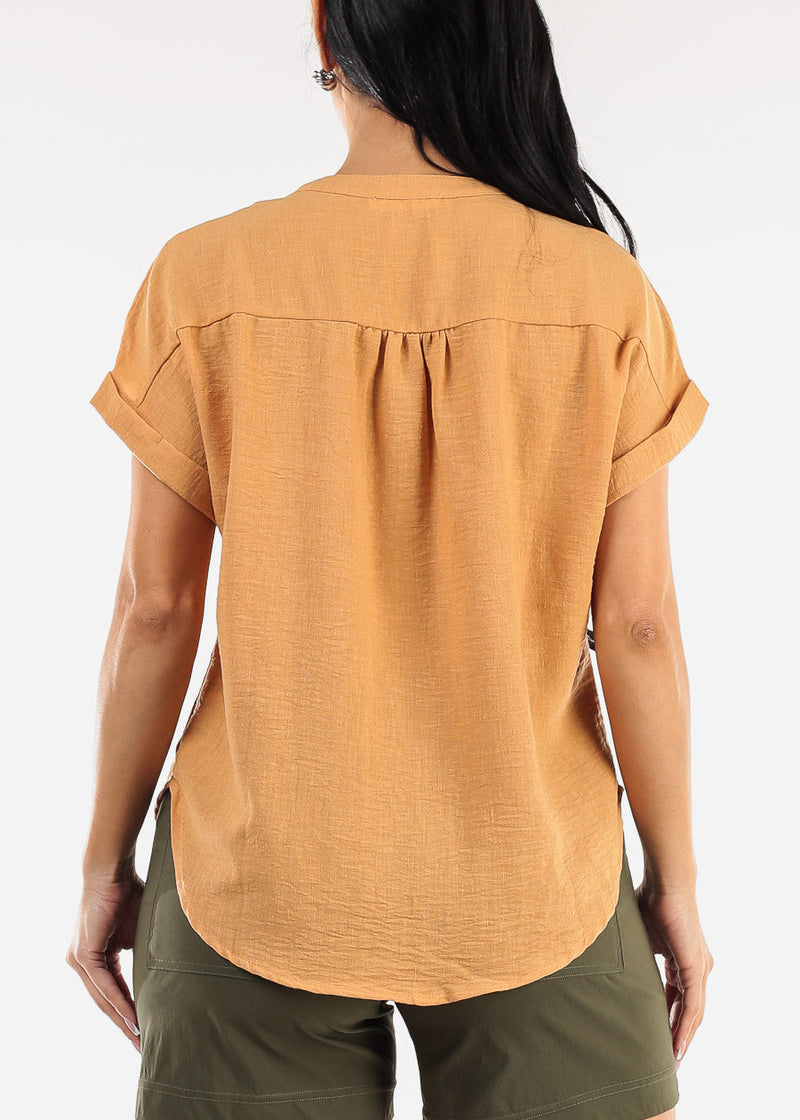 Short Sleeve Button Up Linen Blouse Ginger
