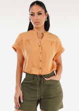 Short Sleeve Button Up Linen Blouse Ginger