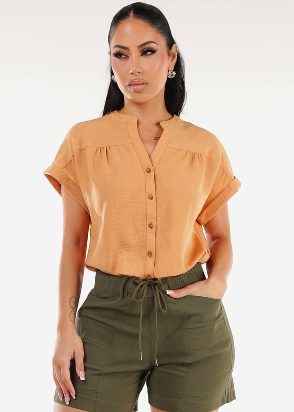 Short Sleeve Button Up Linen Blouse Ginger