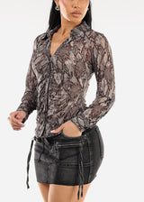 Mesh Ruched Long Sleeve Snake Print Blouse