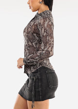 Mesh Ruched Long Sleeve Snake Print Blouse